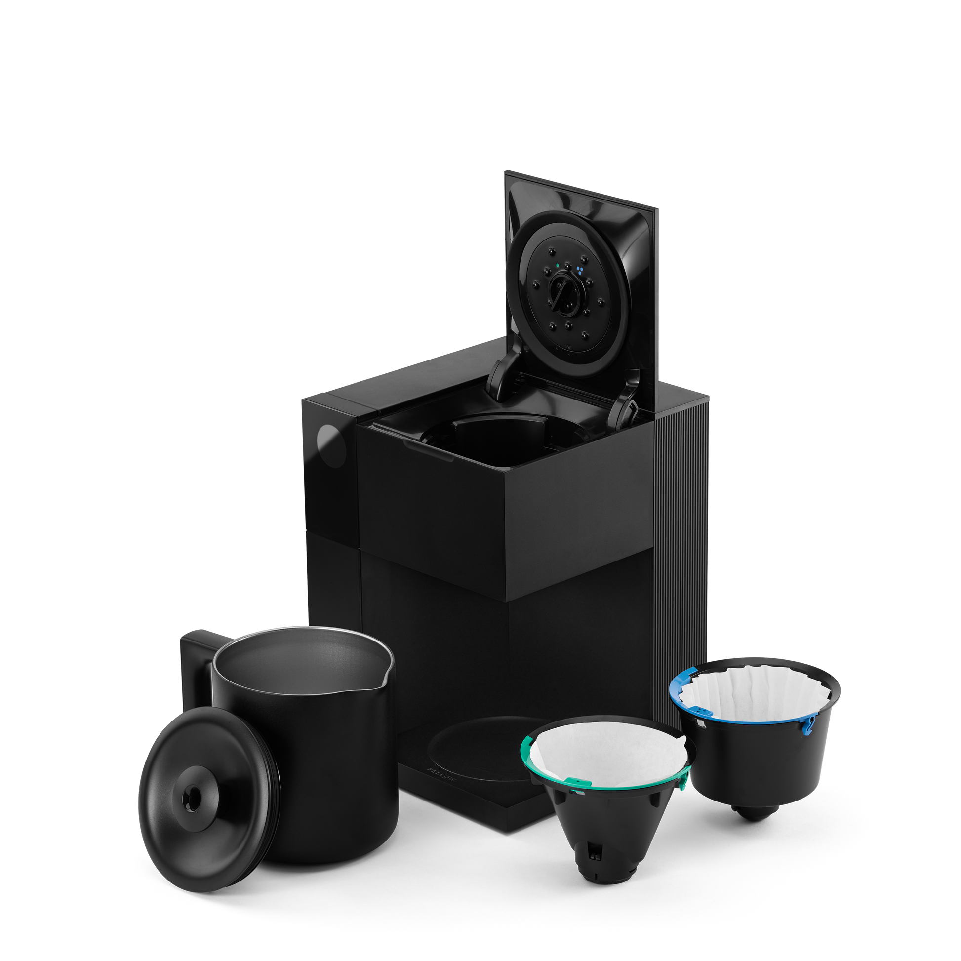 Black coffee brewing device with various components on a white background